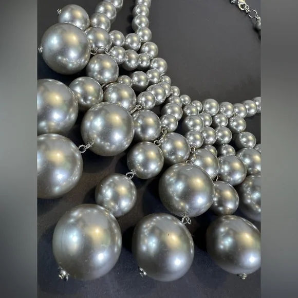 New Satin Silver Multi Layer Necklace with Cascading Faux Pearls - Picture 3 of 6